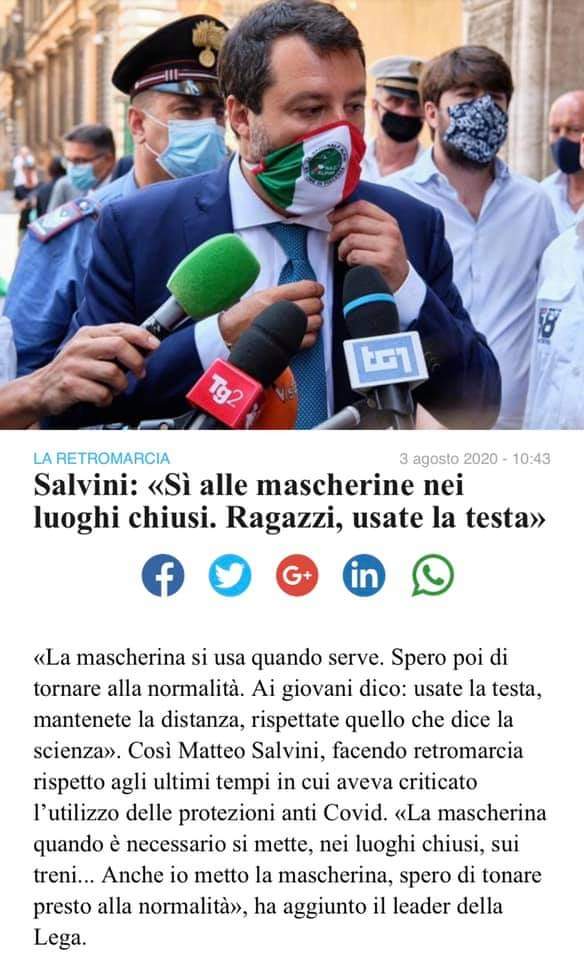 Mascherine, Salvini:”Al chiuso mettetele” (ed ora a Viterbo lo ascolteranno i fans?)
