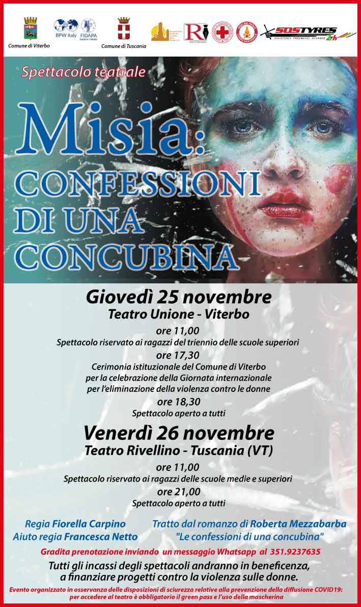 Viterbo, violenza sulle donne,  Teatro, “Le confessioni di una concubina” all’Unione il 25 novembre